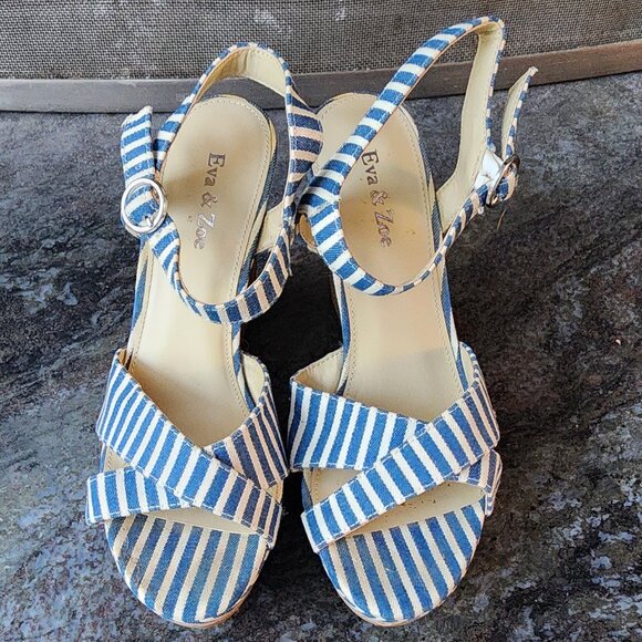 Eva & Zoe Blue/White Striped Sexy 1940s Cork Wedge Sandals Size 8 - Picture 7 of 16